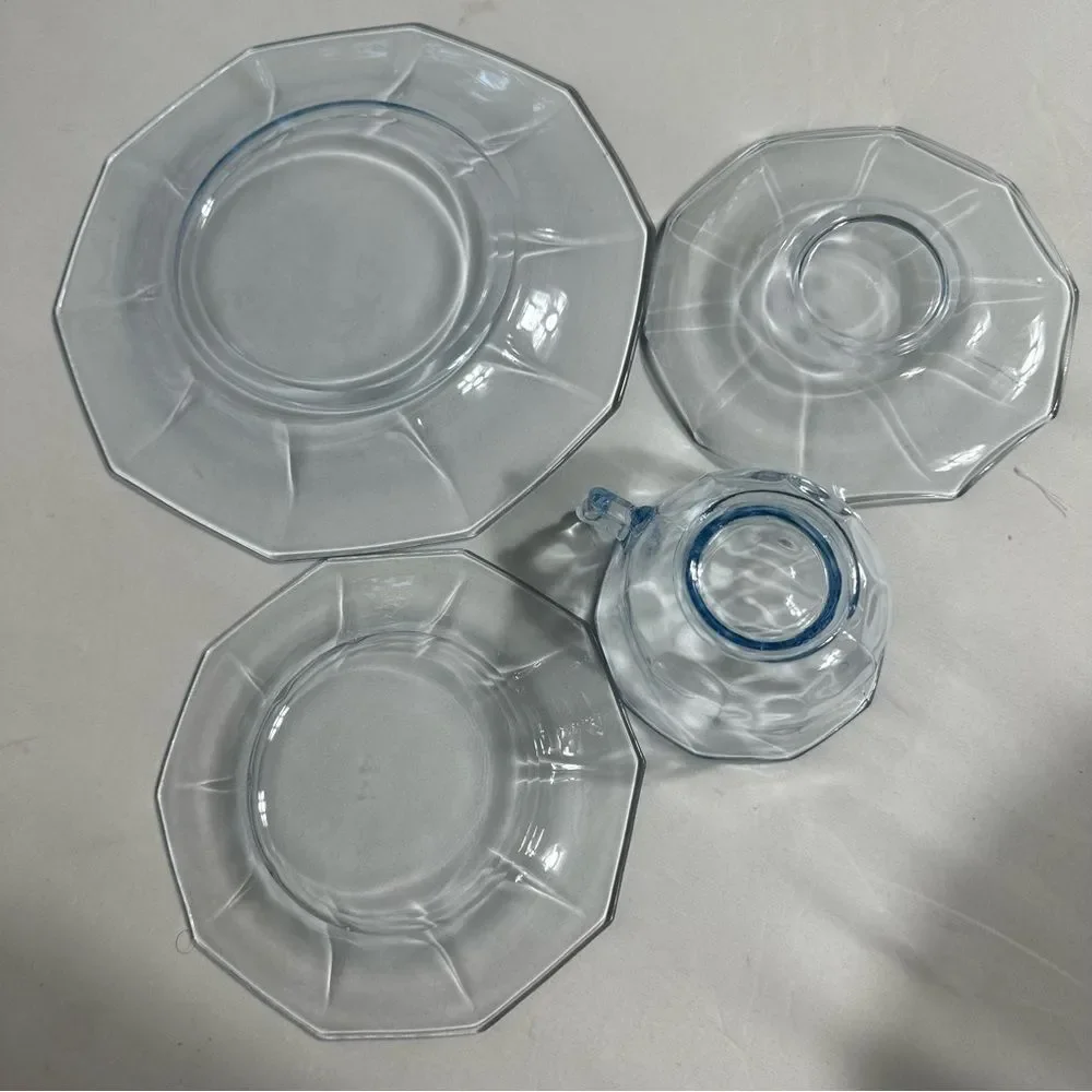 Cambridge Vintage Glass DECAGON Moonlight Blue  Cups, Saucers & Plates Set 12